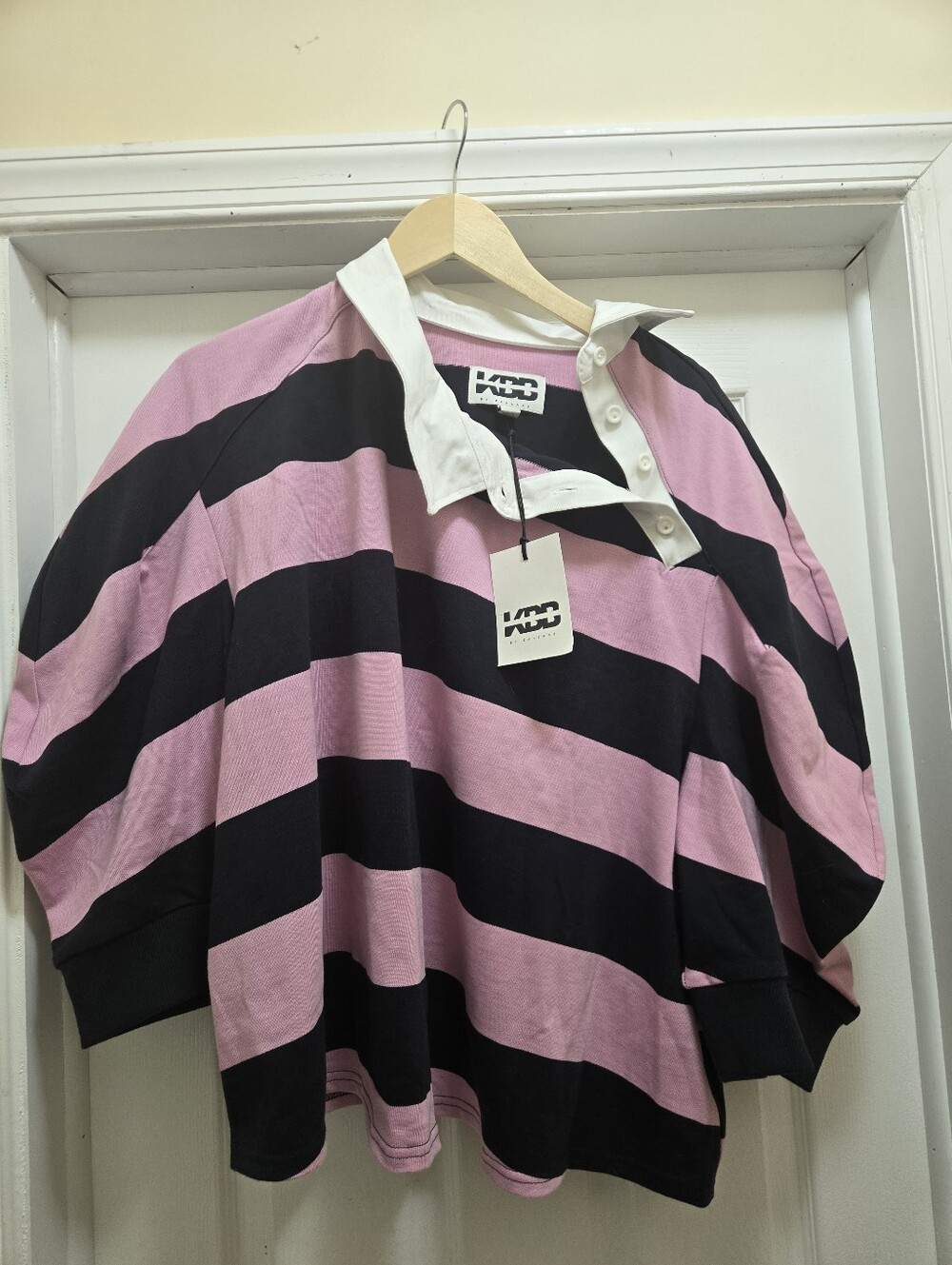 Striped Pink and Navy Polo-Style Puff Sleeve Top - Picture 5 of 7